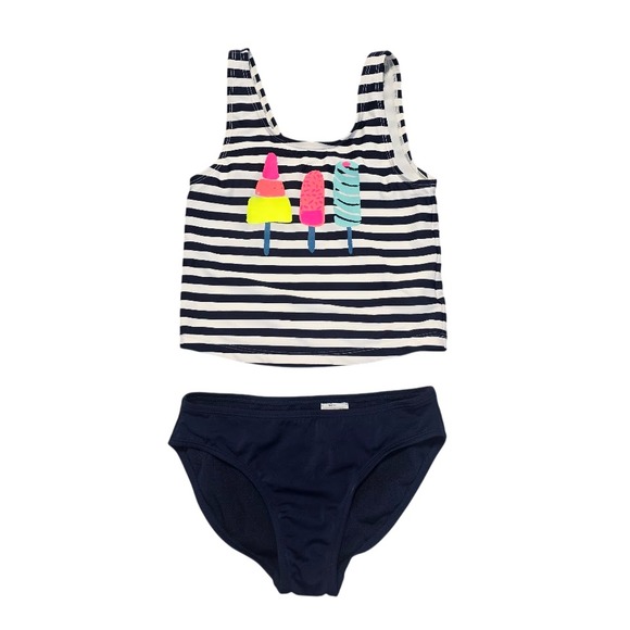 Gap Kids Girls Tankini Swimsuit Two Piece Set M/8 Nautical Stripe Ice Cream Cute - Picture 1 of 13